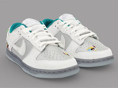 Stylish White Casual Sneakers With Teal Tongue Gray Swoosh Colorful Graphics And Translucent Sole 3d model
