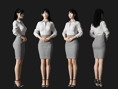 Woman in White Shirt and Gray Skirt with High Heels Displayed from Multiple Angles 3d model