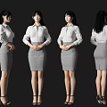 Woman in White Shirt and Gray Skirt with High Heels Displayed from Multiple Angles
