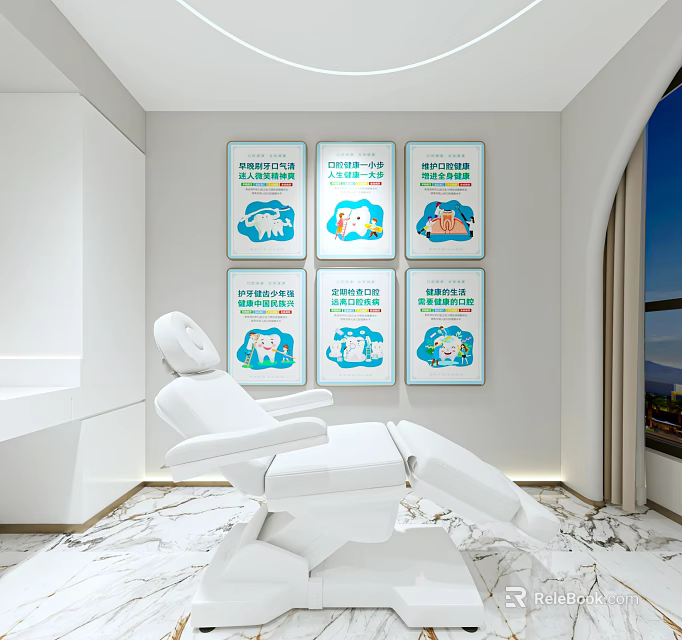 Modern Dental Clinic Interior Featuring White Chair And Wall Mounted Educational Posters 3d model 