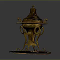 Golden Ornate Household Item With Curved Base Lid And Decorative Designs