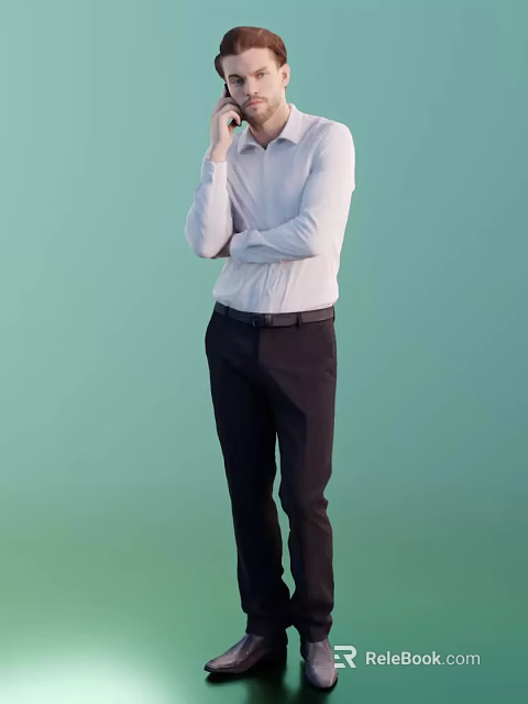 A Man in White Shirt and Black Pants Posing with Crossed Arms on Green Background 3d model 