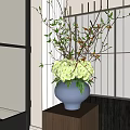 Decorative Ornament Combination With Modern Vase White Hydrangea Flowers And Green Branches On Wooden Base