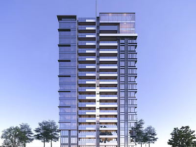 Modern High Rise Residential Building With Glass Curtain Walls Balconies And Trees 3d model