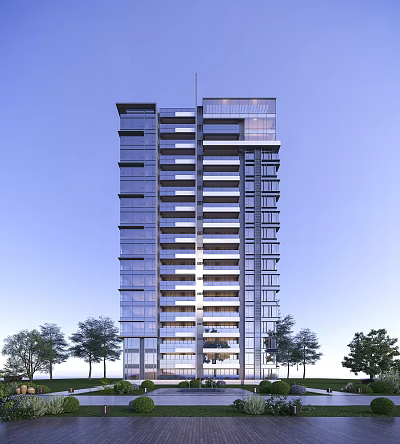 Modern High Rise Residential Building With Glass Curtain Walls Balconies And Trees 3d model
