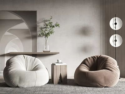 Bean Bag Chairs In White And Brown With Small Side Table Green Plant Minimalist Interior 3d model