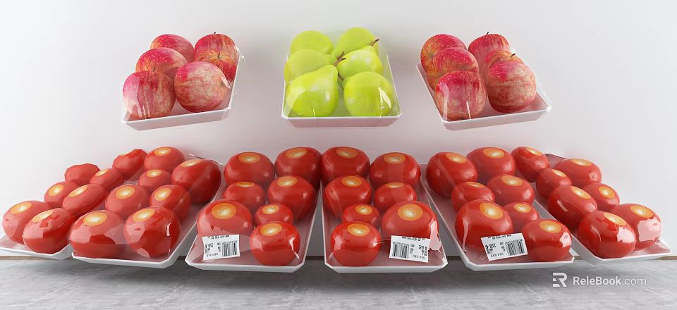 Fresh Apples Pears And Tomatoes In Clear Plastic Containers With Price Tags On Supermarket Shelf 3d model 