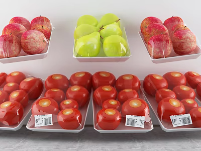 Fresh Apples Pears And Tomatoes In Clear Plastic Containers With Price Tags On Supermarket Shelf 3d model
