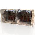 Historic Architectural Model With Arched Roof Stone Walls And Wooden Benches
