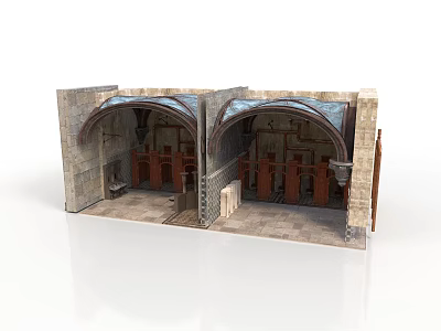 Historic Architectural Model With Arched Roof Stone Walls And Wooden Benches 3d model