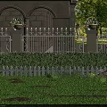 Beautiful Garden Yard With White Iron Fence Trimmed Hedge Green Lawn And Flower Pots