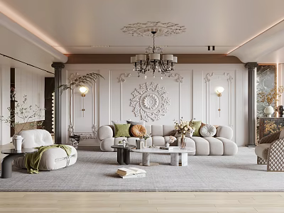 Elegant Modern Living Room Interior With Decorative Wall Panel Chandelier Plush Sofa And Throw Pillows 3d model