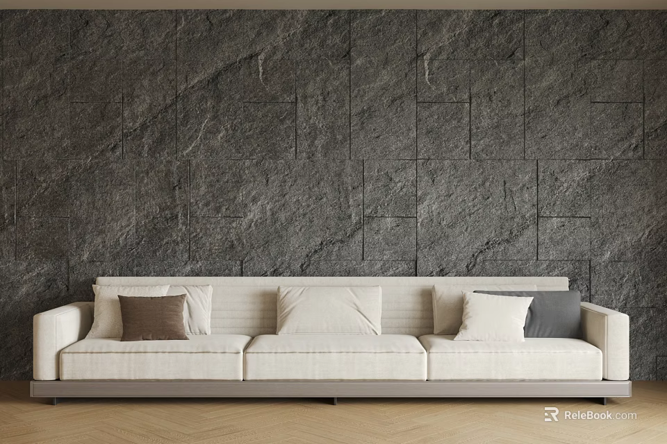Light Colored Multi Seater Sofa With Cushions Against Dark Stone Wall And Wooden Floor 3d model 