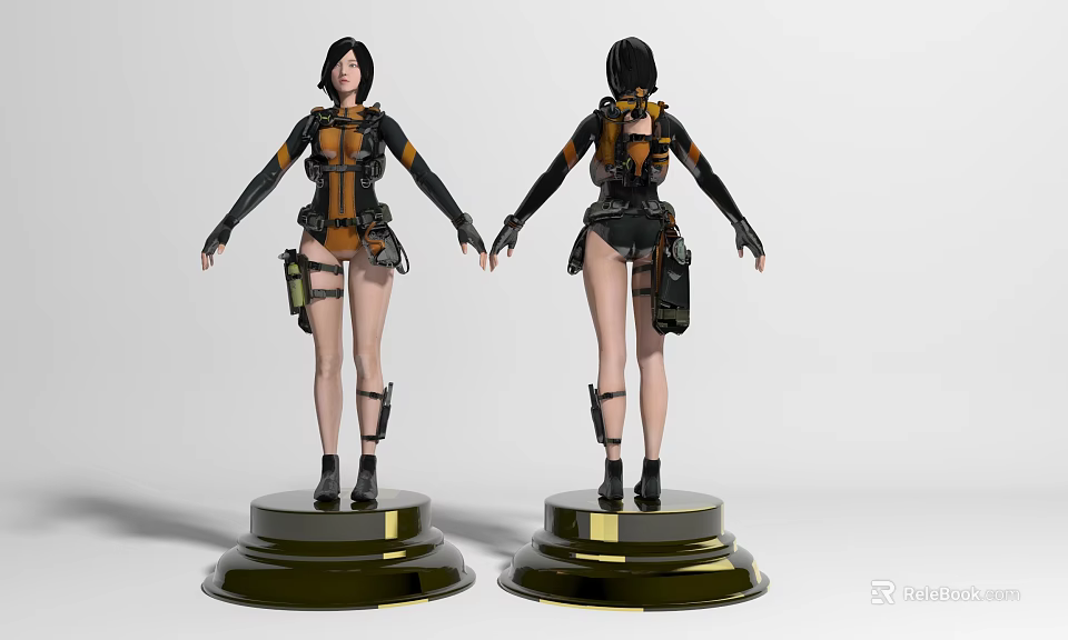 Game Movie Character Two Model Front Back Views Black Orange Outfit Leg Gear Gold Base 3d model 