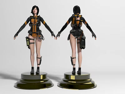 Game Movie Character Two Model Front Back Views Black Orange Outfit Leg Gear Gold Base 3d model