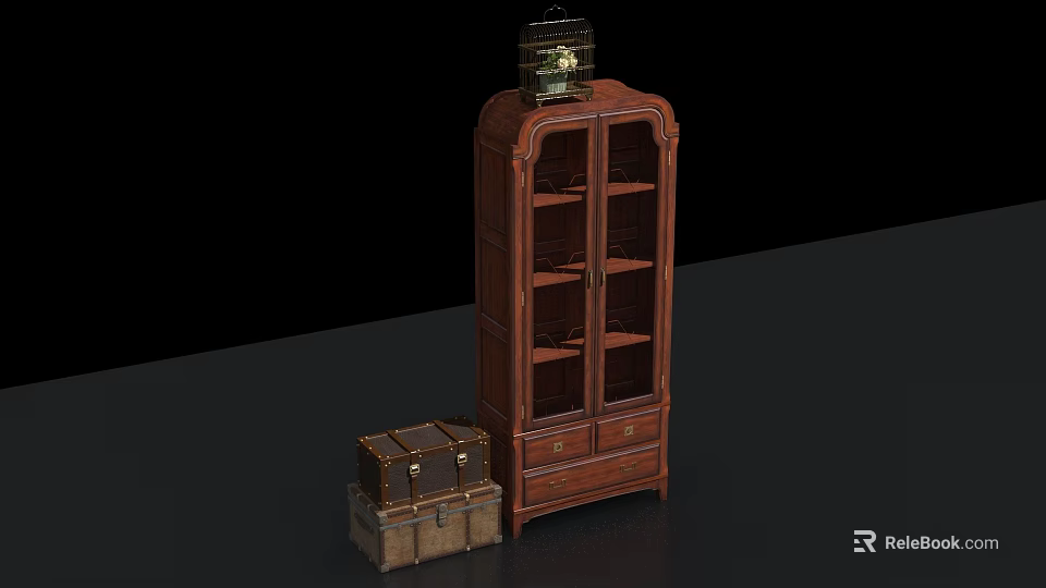 Classic Traditional Wooden Bookcase With Glass Doors And Decorative Storage Trunks 3d model 