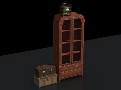 Classic Traditional Wooden Bookcase With Glass Doors And Decorative Storage Trunks 3d model