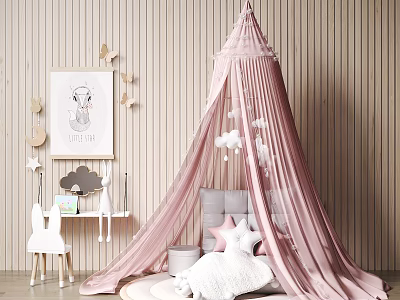 Pink Canopy Tent in Kids Room with Star Pillows Cloud Decorations and White Furniture 3d model