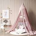 Pink Canopy Tent in Kids Room with Star Pillows Cloud Decorations and White Furniture
