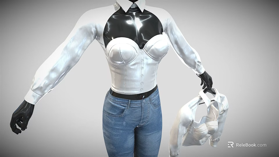 White Shirt With Black Patent Leather Corset And Blue Jeans Holding White Undergarment 3d model 