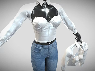 White Shirt With Black Patent Leather Corset And Blue Jeans Holding White Undergarment 3d model