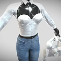 White Shirt With Black Patent Leather Corset And Blue Jeans Holding White Undergarment