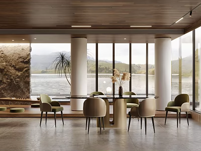 Elegant Modern Restaurant Dining Area With Wooden Ceiling Large Windows Lake View And Stone Pillars 3d model