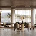 Elegant Modern Restaurant Dining Area With Wooden Ceiling Large Windows Lake View And Stone Pillars