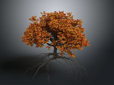 Vibrant Autumn Tree With Orange Red Leaves And Exposed Roots On Gray Background 3d model