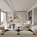 Modern Living And Dining Room Interior With White Sofa Round Coffee Table And Patterned Rug 3d model