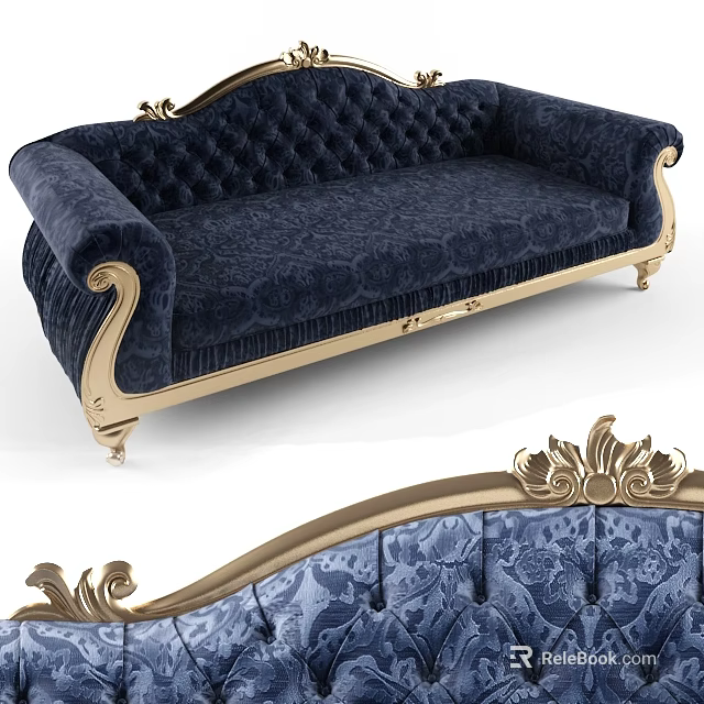 Navy Blue Velvet Two Seater Sofa With Tufted Design And Gold Decorative Accents 3d model 