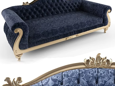 Navy Blue Velvet Two Seater Sofa With Tufted Design And Gold Decorative Accents 3d model