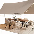 Stylish Outdoor Table Setup With Canopy String Lights And Decorative Chairs 3d model