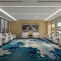 Modern Conference Room Interior With Large Windows White Sofas Wooden Walls And Blue Carpet