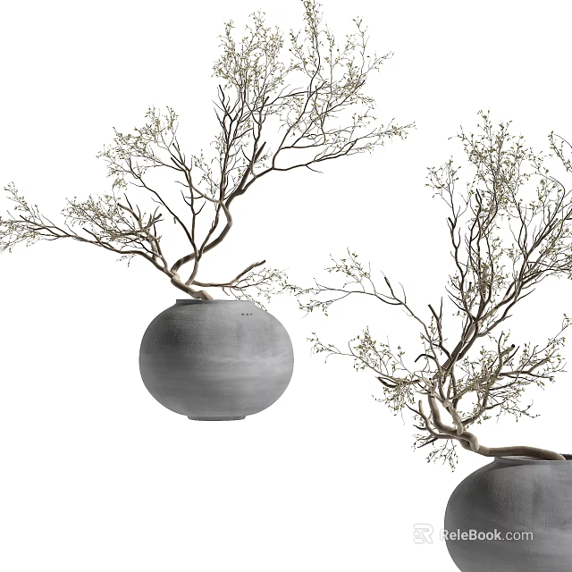 Decorative Gray Ceramic Vases With Natural Twigs For Interior Design 3d model
