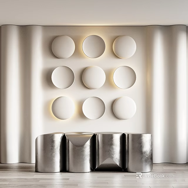 Modern Reception Background Wall With Circular Lights And Metallic Columns 3d model 