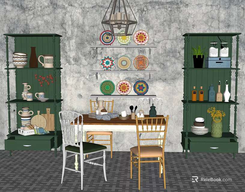 Dining Table Set With Chairs Green Storage Cabinets And Hanging Decorative Plates 3d model