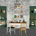 Dining Table Set With Chairs Green Storage Cabinets And Hanging Decorative Plates 3d model