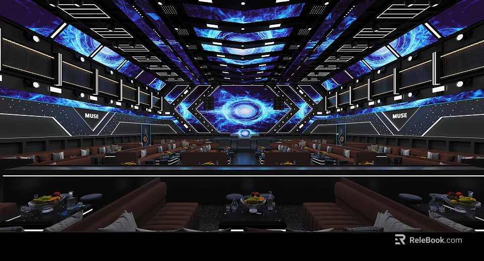 Luxurious Bar Interior With Blue Lighting Geometric Pattern Ceiling And Sofa Seating 3d model