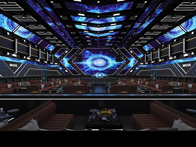 Luxurious Bar Interior With Blue Lighting Geometric Pattern Ceiling And Sofa Seating 3d model