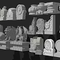 Traditional Stone And Wood Carvings Featuring Lion Sculptures And Decorative Ornaments