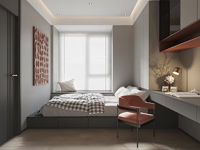 Modern Tatami Bedroom Interior With Storage Bed Desk Chair Window Blinds And Decorative Painting 3d model