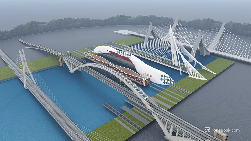 Modern Landscape Bridge With Cable Stayed Arched Design And Waterfront Green Space 3d model 