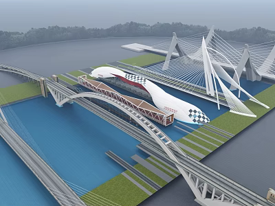 Modern Landscape Bridge With Cable Stayed Arched Design And Waterfront Green Space 3d model