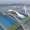 Modern Landscape Bridge With Cable Stayed Arched Design And Waterfront Green Space 3d model