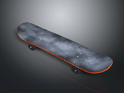 Stylish Skateboard with Black Gray Deck Orange Edge and Four Black Wheels 3d model