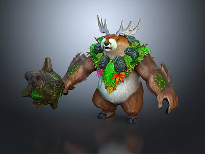 Mystical Antlered Forest Guardian Creature With Plant Decor And Tree Stump Staff 3d model