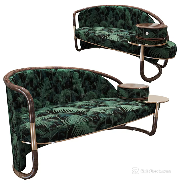 Green Sofa With Palm Leaf Pattern Wooden Metal Frame And Side Table 3d model 