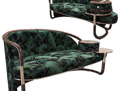 Green Sofa With Palm Leaf Pattern Wooden Metal Frame And Side Table 3d model