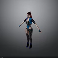 3D Female Character With Red Purple Hair Blue Black Outfit Fishnet Stockings And Blue Boots